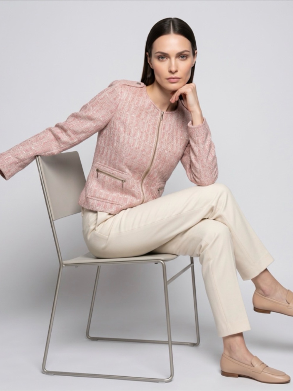 Talbots Pink Tweed Jacket Full Zip Blazer Moto Style Women’s Size 10